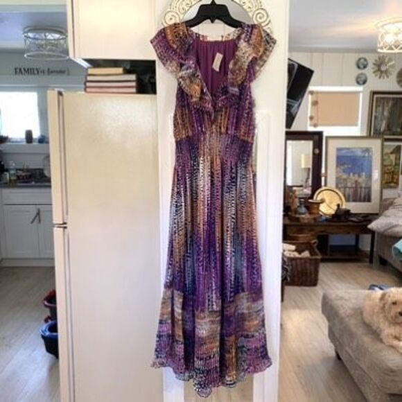 Ramy Brook Multicolor Patterned Maxi with v-neck ruffled sleeveless bodice Sz M, - Picture 2 of 13